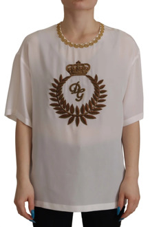Dolce & Gabbana Zijden Gouden Kroon Kristallen Blouse Dolce & Gabbana , White , Dames - L,2Xs,3Xs