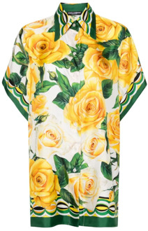 Dolce & Gabbana Zijden overhemd met rozenprint en contrasterende afwerking Dolce & Gabbana , White , Dames - M,S,Xs,2Xs