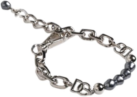 Dolce & Gabbana Zilveren Ketting Met Kreeftenhaak Logo Grijze Parels Armband - One Size