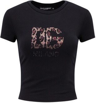 Dolce & Gabbana Zwart Katoenen T-Shirt met Animalier Monogram Dolce & Gabbana , Black , Dames - 2XS