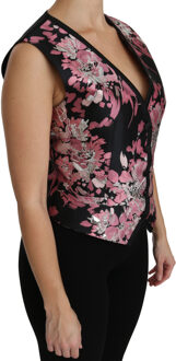 Dolce & Gabbana Zwart Roze Bloemen Schootvest Blouse Top - maat Veelkleurig
