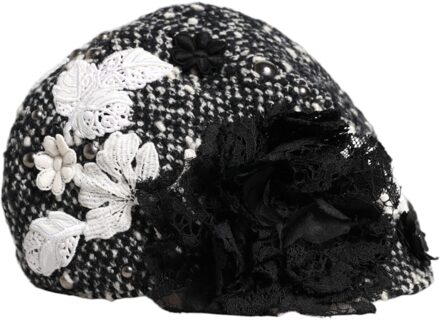 Dolce & Gabbana Zwart Wol Witte Bloem Versierde Cloche Hoed Zwart/wit