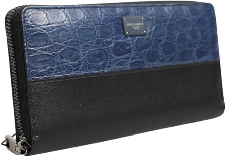 Dolce & Gabbana Zwarte Blauw Exotisch Leren Heren Continental Clutch Portemonnee - maat Zwart/blauw