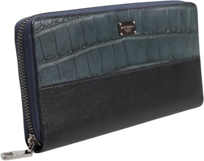 Dolce & Gabbana Zwarte Blauwe Exotische Leren Heren Continental Clutch Portemonnee - maat Zwart/blauw