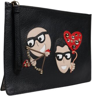 Dolce & Gabbana Zwarte #DGFamily Versierde Leren Clutch Bag - maat