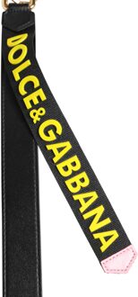 Dolce & Gabbana Zwarte Gele Logo Lederen Messing Houder Sleutelhanger Sleutelring