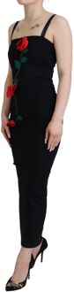 Dolce & Gabbana Zwarte Getailleerde Bodycon Stretch Jurk met Rozen voor Dames - maat