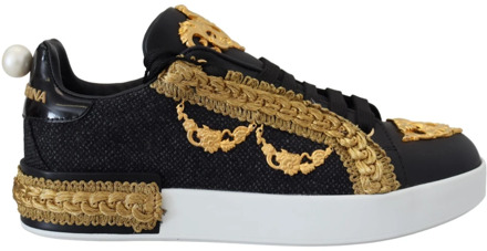 Dolce & Gabbana Zwarte Gouden Barok Portofino Leren Sneakers Dolce & Gabbana , Black , Dames - 35 Eu,36 1/2 EU