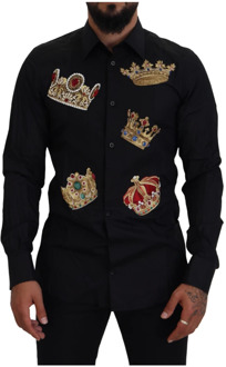 Dolce & Gabbana Zwarte Gouden Kroon Slim Fit Jurk Overhemd Dolce & Gabbana , Black , Heren - Xl,Xs