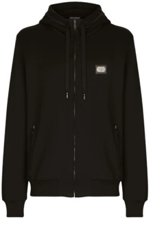 Dolce & Gabbana Zwarte katoenen jersey hoodie met metalen logolabel Dolce & Gabbana , Black , Heren - 2Xl,M