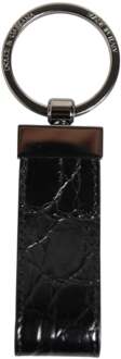 Dolce & Gabbana Zwarte Leren Logo Metaal Ring Sleutelhanger Houder Mannen Sleutelhanger - maat