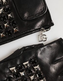 Dolce & Gabbana Zwarte Leren Studded Fingerless Handmoffen Mannen Handschoenen - One Size