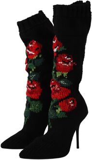 Dolce & Gabbana Zwarte Reksokken Rode Rozen Enkellaarsjes Dameschoenen - EU 40