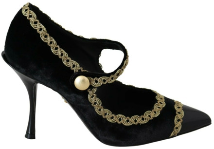 Dolce & Gabbana Zwarte Versierde Velvet Mary Jane Pumps Dolce & Gabbana , Black , Dames - 35 EU