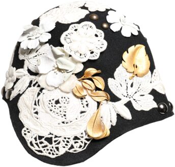 Dolce & Gabbana Zwarte Wol Witte Bloemen Gouden Blad Cloche Hoed