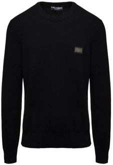 Dolce & Gabbana Zwarte wollen crew-neck sweater met logo plaat Dolce & Gabbana , Black , Heren - Xl,L,M