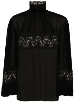 Dolce & Gabbana Zwarte zijden chiffon blouse met kanten inzetstukken Dolce & Gabbana , Black , Dames - Xs,2Xs