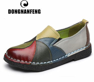 DONGNANFENG Women's Ladies Female Woman Mother Shoes Flats Genuine Leather Loafers Mixed Colorful Non Slip On Plus Size 35-42