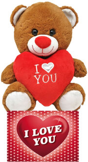 Donker bruine pluche knuffelbeer 20 cm incl. Valentijnskaart I Love You - Knuffelberen