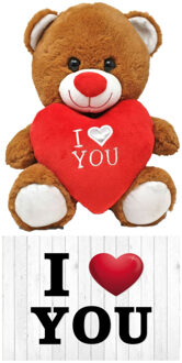 Donker bruine pluche knuffelbeer 20 cm incl. Valentijnskaart I Love You - Knuffelberen