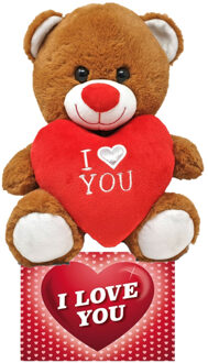 Donker bruine pluche knuffelbeer 30 cm incl. Valentijnskaart I Love You - Knuffelberen