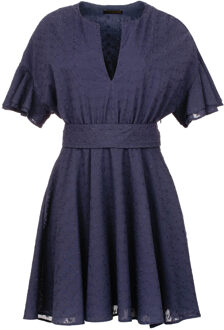 Donkerblauwe Geborduurde Jurk met Ruches Mouwen - maat Blauw/marineblauw