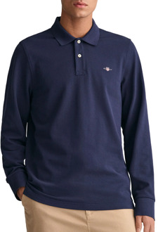 Donkerblauwe polo met lange mouwen en 2 knopen Gant , Blue , Heren