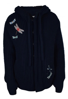 Donkerblauwe wollen vest met capuchon en libelle borduursel Valentino Garavani , Blue , Heren