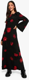 Donkere Bloemen Maxi-Jurk Met Flare Mouwen, Black - 36