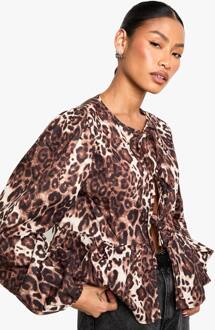 Donkere Luipaard Tie Front Puff Lange Mouw Smock Top, Leopard - 40
