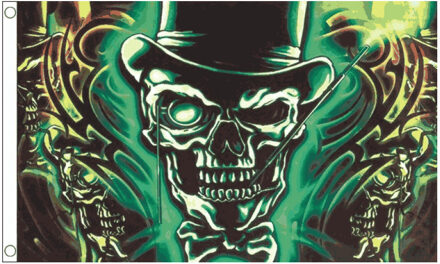 Doodshoofd met hoed vlag halloween versiering feestartikelen 150 x 90 cm