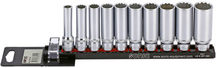 Doppenset 3/8", 12-kant lang 10-dlg. op rail 201010