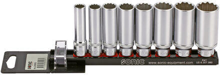 Doppenset 3/8", 12-kant lang (SAE) 8-dlg. op rail 200802