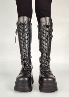 Doratasia Vrouwen Platform Luxe Kant Zwarte Schoenen Laarzen Dikke Bodem Schoenen Goth Punk Cool Mid Kalf Laarzen 8.5