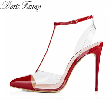 DorisFanny slingback heels pumps Red White Pointed toe t strap Clear high heels transparent heels women summer shoes