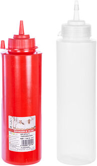 Doseer/sausfles - 2x stuks - 1 liter/1,5 liter - rood/transparant - kunststof - met schenktuit