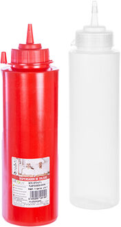 Doseer/sausfles - 2x stuks - 1 liter - rood/transparant - kunsstof - met schenktuit