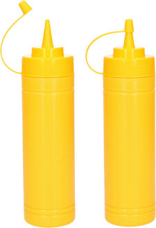 Doseerfles/sausfles - 2x stuks - kunststof - geel - met schenktuit - 500 ml - 23 cm