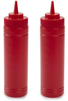 Doseerfles/sausfles rood - 2x - kunststof - met schenktuit - 500 ml - 25 x 6 Plasticforte