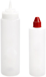 Doseerfles/sausfles - set 2x stuks - 500/700 ml - met schenktuit - transparant - 18 en 22 cm