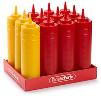 Doseerfles/sausfles - set 2x stuks - rood/geel - met schenktuit - 500 ml - 23 cm