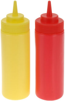 Doseerflessen/sausflessen - 2x - rood en geel - kunststof - 400 ml - mayo en ketchup knijpflessen - Garneergerei Multikleur