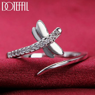 DOTEFFIL 925 Sterling Silver Dragonfly AAA Zircon Opening Ring For Women Fashion Wedding Engagement Party Charm Jewelry