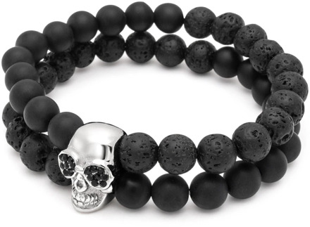 Double Beaded Bracelet with Matte Onyx, Lava Stone and Silver Skull Nialaya , Black , Heren - XL