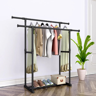 Double Pole Coat Rack Reinforced Steel Frame Clothing Rack Bedroom Furniture Mobile Drying Rack Minimalist Floor Clothes Hanger
