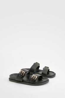 Double Strap Footbed Buckle Sliders, Black - 5