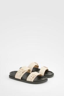 Double Strap Footbed Buckle Sliders, Cream - 4
