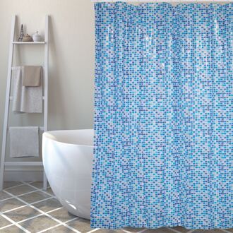 Douchegordijn met ringen - blauw tegels patroon - PVC - 180 x 200 cm - wasbaar - Douchegordijnen