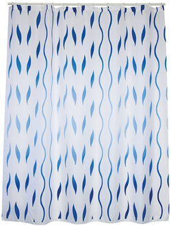 Douchegordijn met ringen - wit/blauw - golven print - Polyester - 180 x 200 cm - wasbaar - Douchegordijnen Multikleur