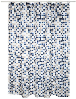 Douchegordijn met ringen - wit/blauw - mozaiek print - Polyester - 180 x 200 cm - wasbaar - Douchegordijnen Multikleur